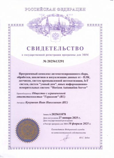 Первая страница свидетельства на Horizon Automation Server